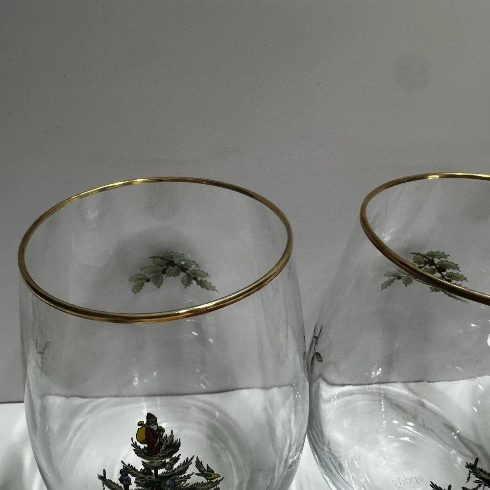 Spode Christmas Tree Stemless Wine Glasses Gold Trim Rim, 19 Oz - Set of 4